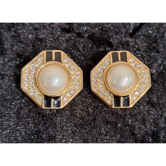 Vintage Swarovski SALO Gold Tone Faux Pearl & Crystal Octagonal Clip-On Earrings - Picture 1 of 3